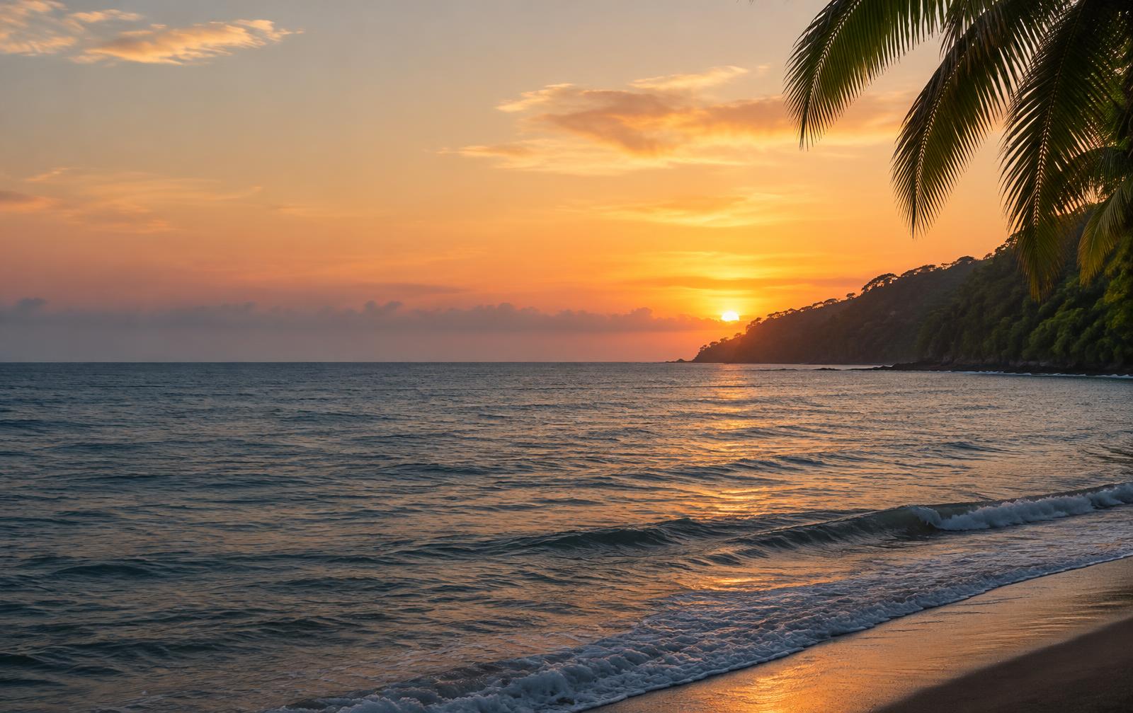 Sunset over the Costa Rica coastline with palms and gentle ocean waves