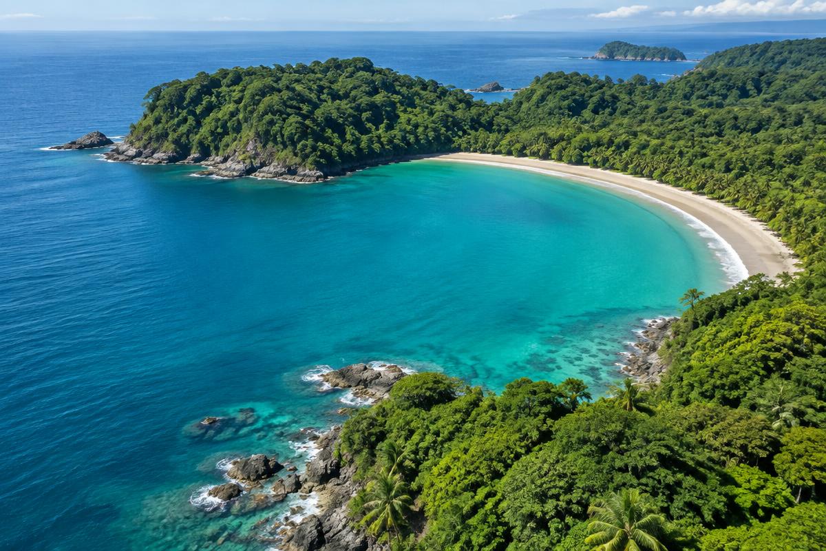A turquoise coastal bay framed by lush Costa Rica rainforest