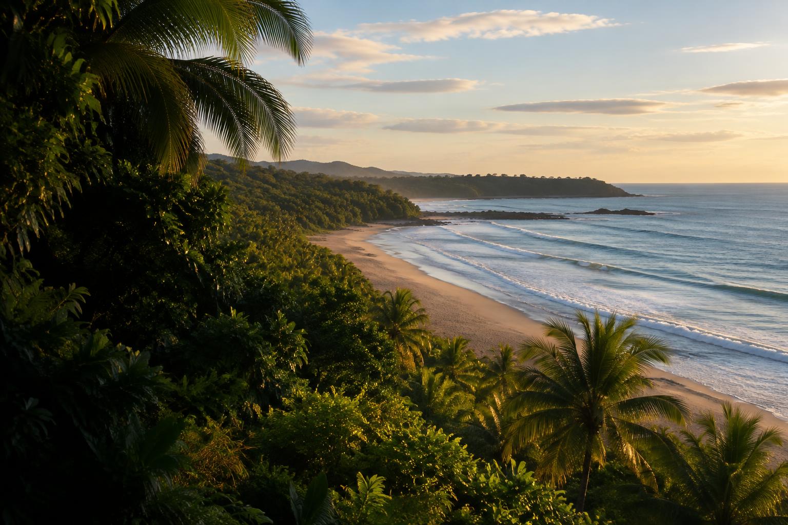 Illustrative Costa Rican coastline with tropical palms