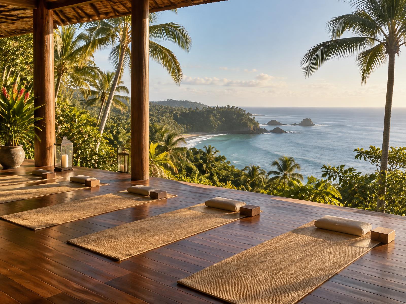 Empty meditation mats on an open-air deck overlooking palm trees and the Costa Rica ocean
