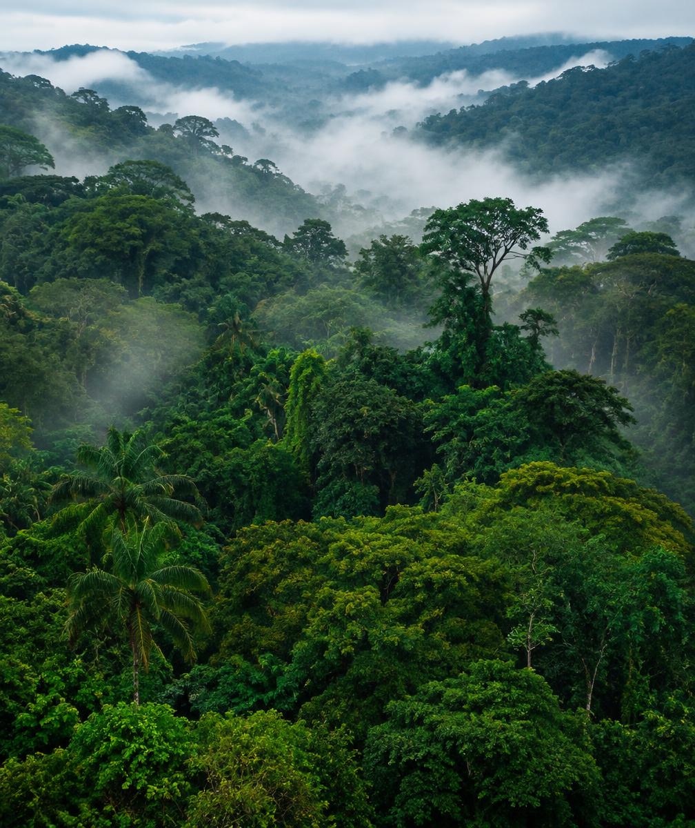 Lush rainforest canopy with morning mist in Costa Rica